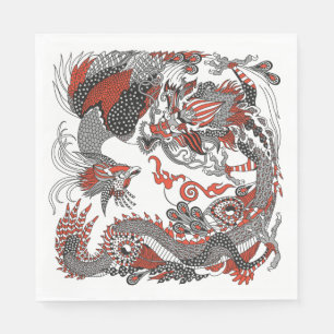 Jade Dragon and Gold Phoenix playing with a pearl Napkin
