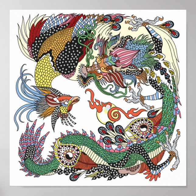 Jade Dragon and Gold Phoenix playing with a pearl  Poster (Front)