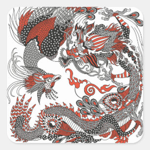 Jade Dragon and Gold Phoenix playing with a pearl  Square Sticker