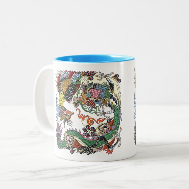 Jade Dragon and Gold Phoenix playing with a pearl  Two-Tone Coffee Mug (Front Left)