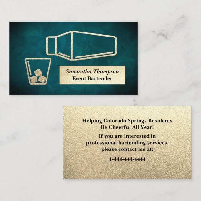 Jade Gold Glitter Bartender Event Business Card (Front/Back)
