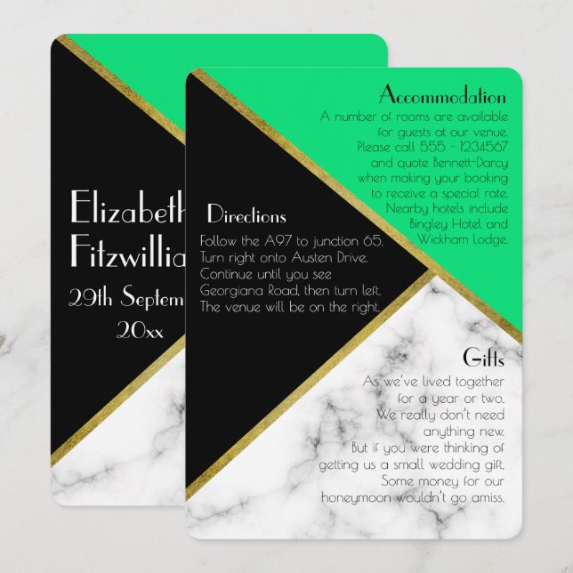 Jade Green Art Deco Wedding Additional Information Invitation (Front/Back)