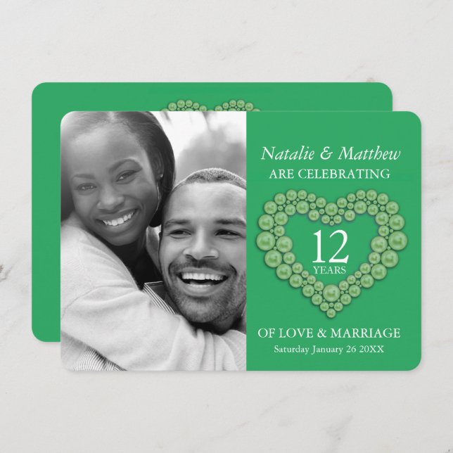 Jade green beaded heart 12th wedding Anniversary  Invitation (Front/Back)