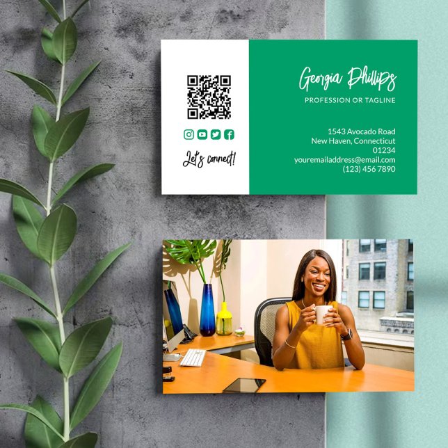 Jade Green QR Code Photo Social Media Icons Business Card (Creator Uploaded)