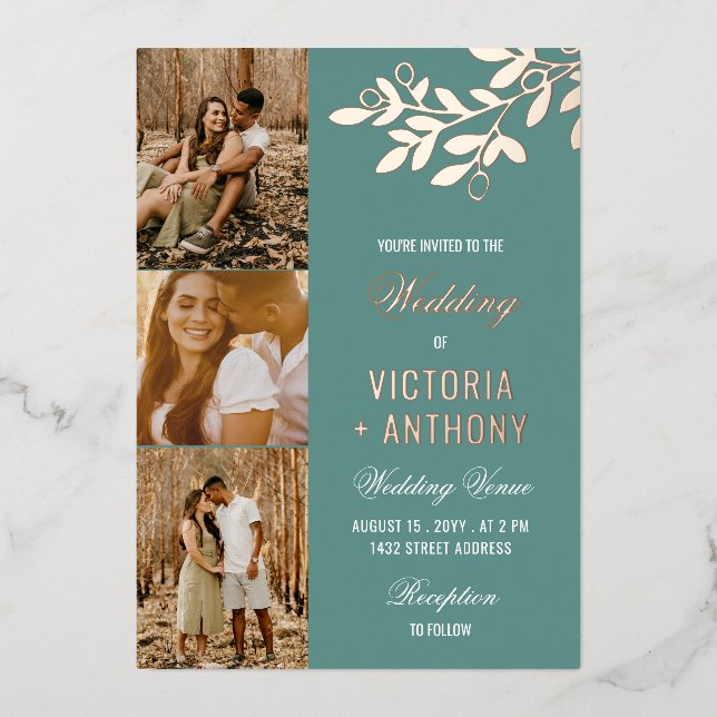 Jade Green Rose Gold Berry Twig 3 Photos Wedding (Front)