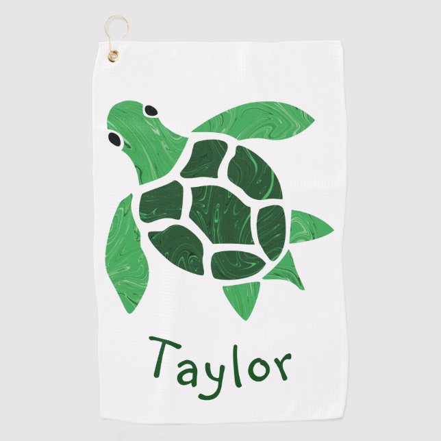 Jade Green Sea Turtle Mosaic with Name Golf Towel (Front)