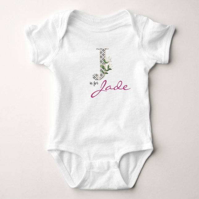 Jade Name Reveal Floral Letter J Girl Whimsical Baby Bodysuit (Front)