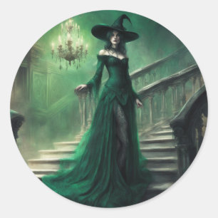 Jade witch in gothic mansion romance Halloween Classic Round Sticker