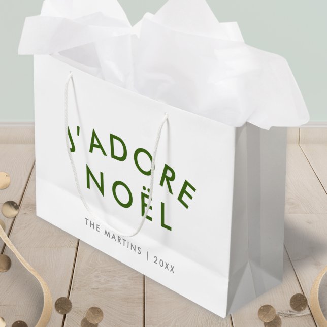 J'adore Noel | Christmas Minimalist Green White Large Gift Bag (Creator Uploaded)