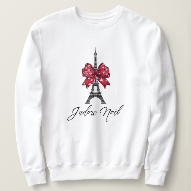 J'adore Noël Eiffel Tower Red Plaid Christmas Bow Sweatshirt (Design Front)
