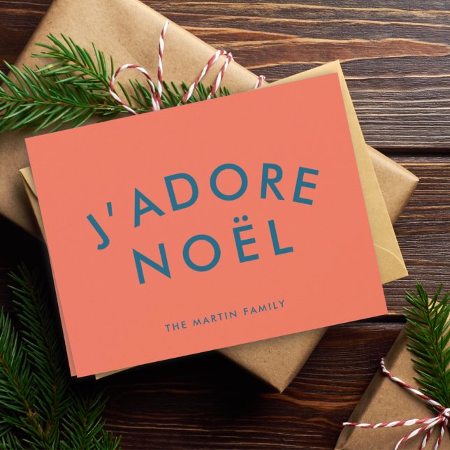 J'adore Noel | Modern Love Christmas Red Navy Holiday Card (Creator Uploaded)