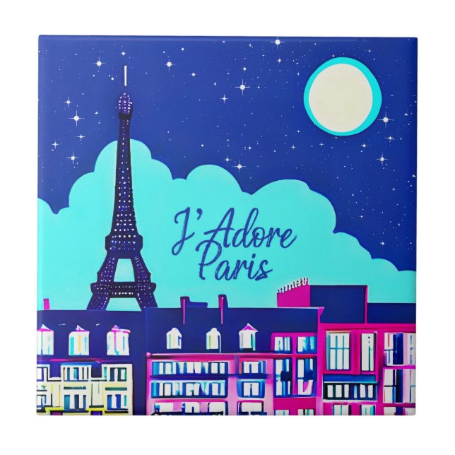 J'adore Paris - Fantasy Paris Under a Full Moon  Tile (Front)