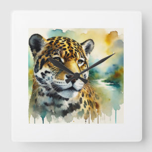 Jaguar in Harmony 010924AREF104 - Watercolor Square Wall Clock