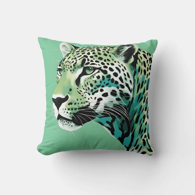 Jaguar Leopard Big Cat Teal Colours Cushion (Front)