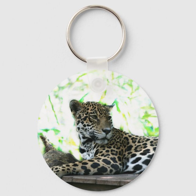 Jaguar looking over shoulder dappled green key ring (Front)