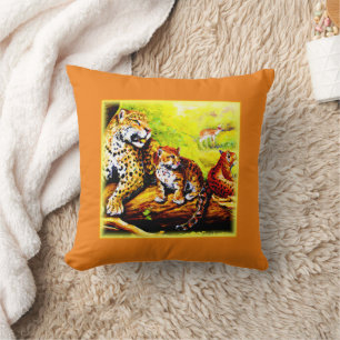 Jaguar Mom and Cubs Relaxing in Jungle. Buy Now Cushion
