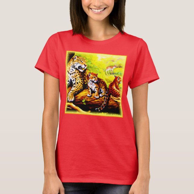 Jaguar Mum and Cubs Relaxing in Jungle. Buy Now T-Shirt (Front)