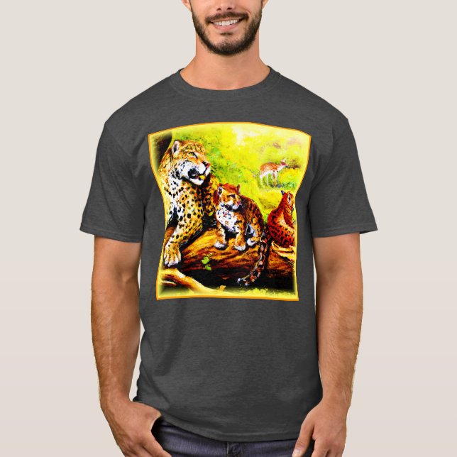 Jaguar Mum and Cubs Relaxing in Jungle. Buy Now T-Shirt (Front)