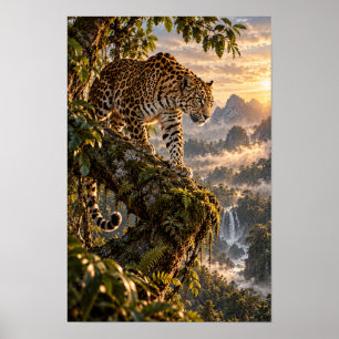 Jaguar on Mossy Tree in Tropical Jungle Wildlife W Poster