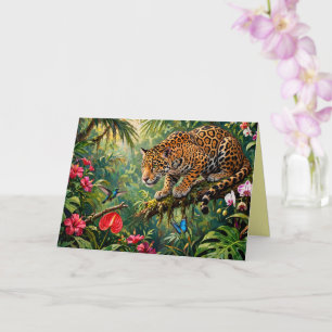 Jaguar Rainforest Hummingbird Butterflies Flowers Card