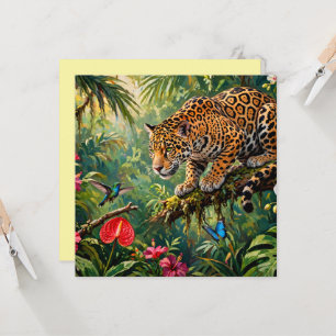 Jaguar Rainforest Hummingbird Butterflies Flowers Card