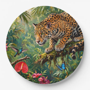 Jaguar Rainforest Hummingbird Butterflies Flowers Paper Plate