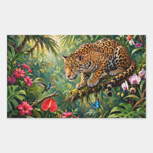 Jaguar Rainforest Hummingbird Butterflies Flowers Rectangular Sticker