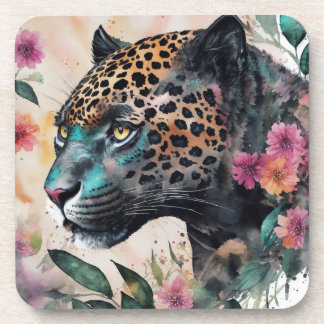 Jaguar Watercolor Floral Art Beverage Coaster
