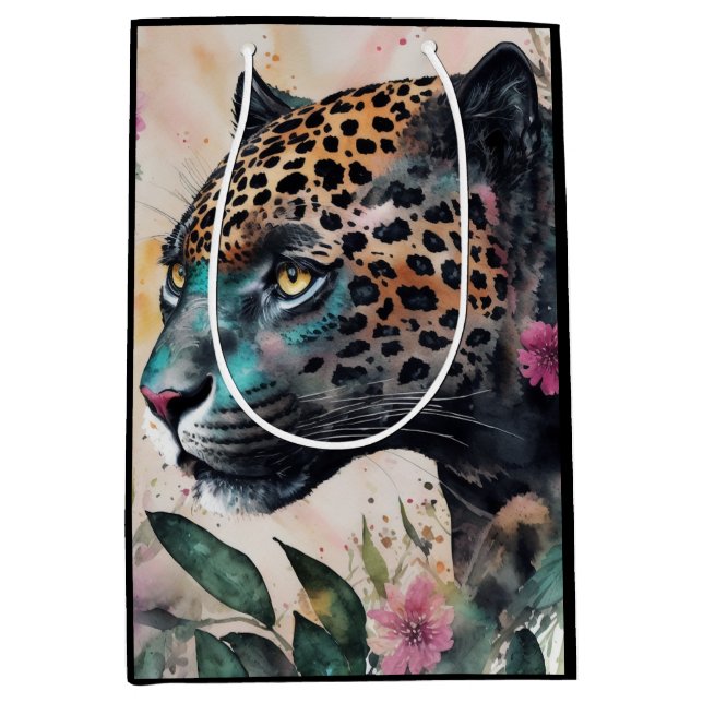 Jaguar Watercolor Floral Art Medium Gift Bag (Front)