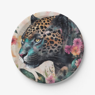 Jaguar Watercolor Floral Art Paper Plate