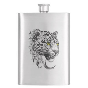 Jaguar Wild Animal Nature Illustration Art Tattoo Hip Flask