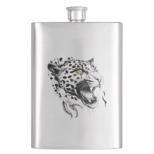 Jaguar Wild Animal Nature Illustration Art Tattoo Hip Flask