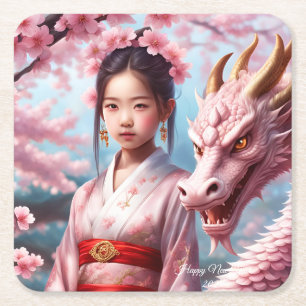 Jahr des Drachen 2024 - Mädchen zwischen Kirschblü Square Paper Coaster
