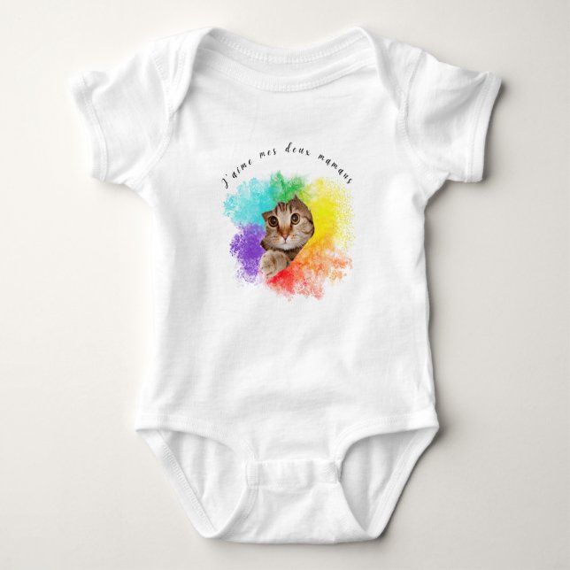 "J'aime mes deux mamans" cute cat rainbow colours Baby Bodysuit (Front)