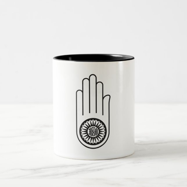 Jain Symbol of Ahimsa (Hand of Non-Violence) Two-Tone Coffee Mug (Center)