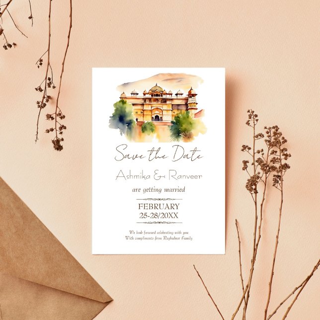 Jaipur palace Indian wedding Save the date Invitation (Jaipur palace watercolor Indian wedding save the date editable template invitation digital download )