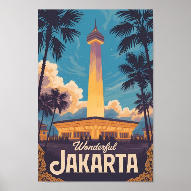 Jakarta Indonesia Illustration Travel Art Vintage Poster (Front)