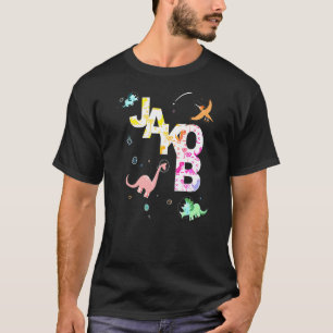 Jakob Cool Boys Name With Cute Space Dinosaurs T-Shirt