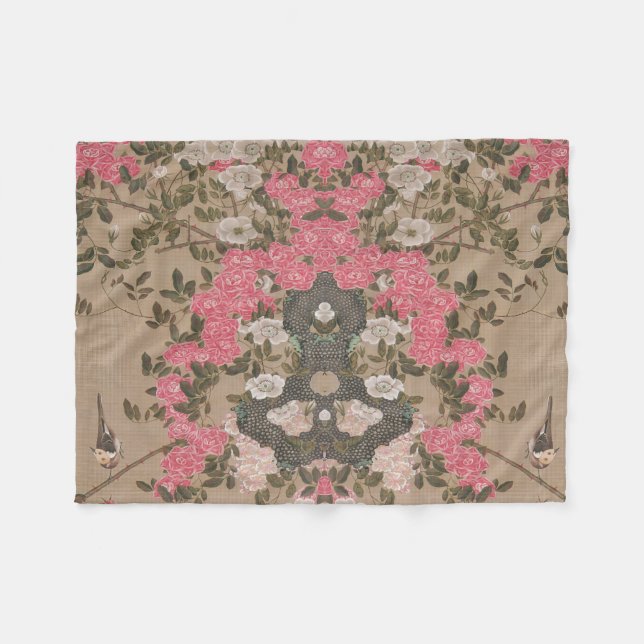 Jakuchu Rose Harmony Fleece Blanket (Front (Horizontal))