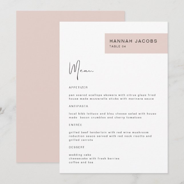 JALAINE Modern Blush Guest Name Dinner Menu (Front/Back)