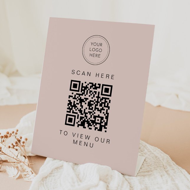 JALAINE Modern Blush Pink Business Menu QR Code Pedestal Sign (Creator Uploaded)