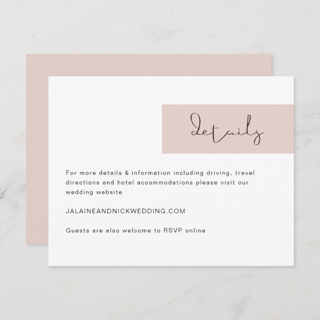 JALAINE Modern Blush Pink Wedding Details Card (Front/Back)
