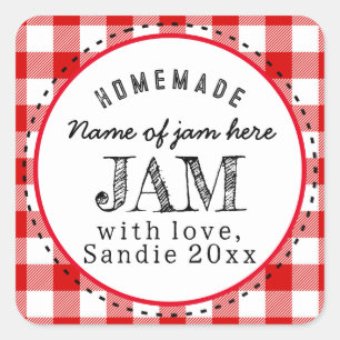 Jam Homemade Red Buffalo Plaid Custom Food Round Square Sticker