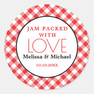Jam Packed With Love Red Gingham Wedding Favour Classic Round Sticker