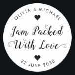 Jam Packed With Love Wedding Party Jam Jar Favour Classic Round Sticker<br><div class="desc">A Classic Black Wedding Jam Jelly Jar Favour Label Sticker featuring "Jam Packed With Love" in a rustic modern elegant font calligraphy and heart accents. 
You can easily personalised it with your names and wedding date.</div>