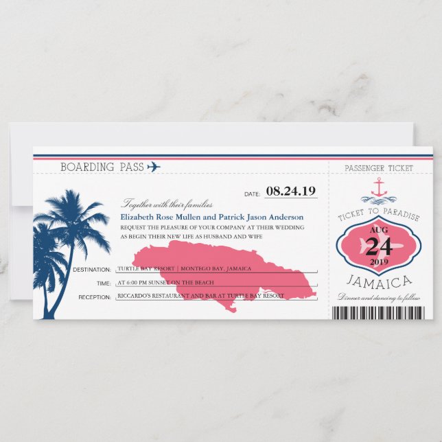 Jamaica Blue/Pink Palm Tree Anchor Boarding Pass Invitation (Front)