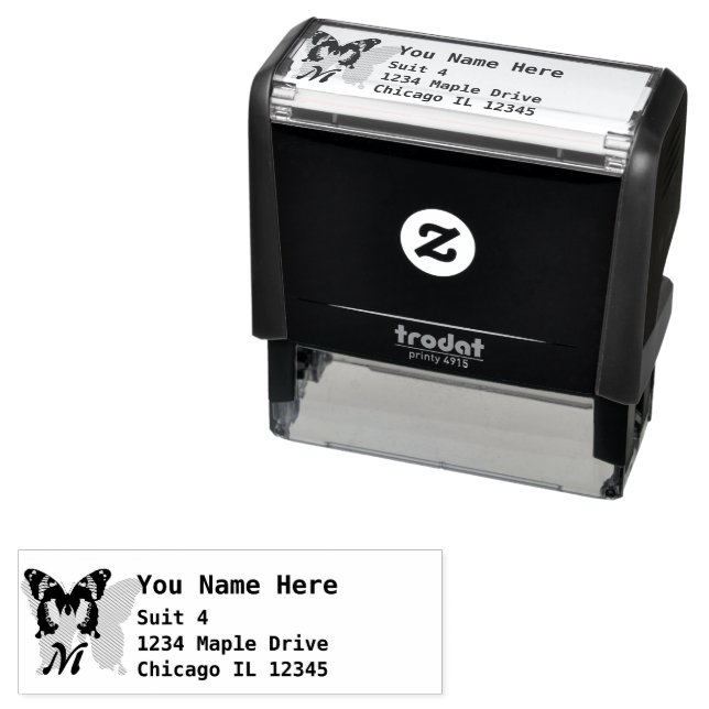 Jamaica Butterfly Monogram Return Address Self-inking Stamp (In Situ)