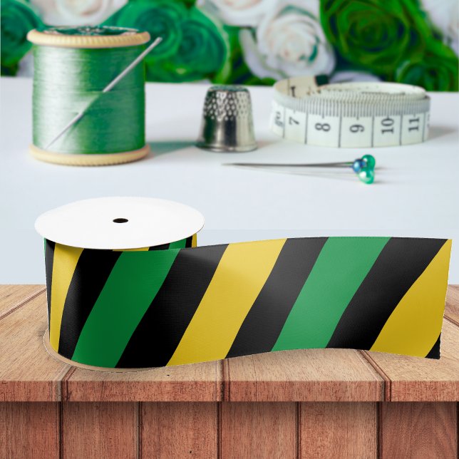 Jamaica Colours Green Gold Black Diagonal Jamaican Satin Ribbon (gold black and green Jamaica color diagonal stripe ribbon)