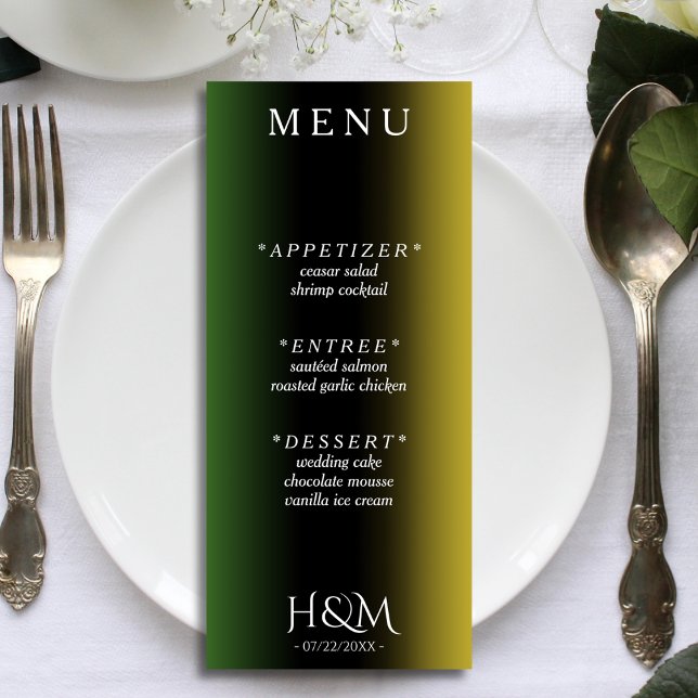 Jamaica Colours Ombre Jamaican Wedding Reception Menu (Jamaica colors green, black and gold gradient wedding menu)