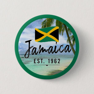 "Jamaica Est. 1962" Beach With Jamaica Flag Art 6 Cm Round Badge